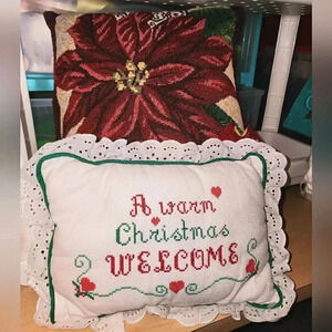 LOT of 2 Christmas Decorative Pillows! 1 NWT + 1 Vintage Handmade Needlepoint